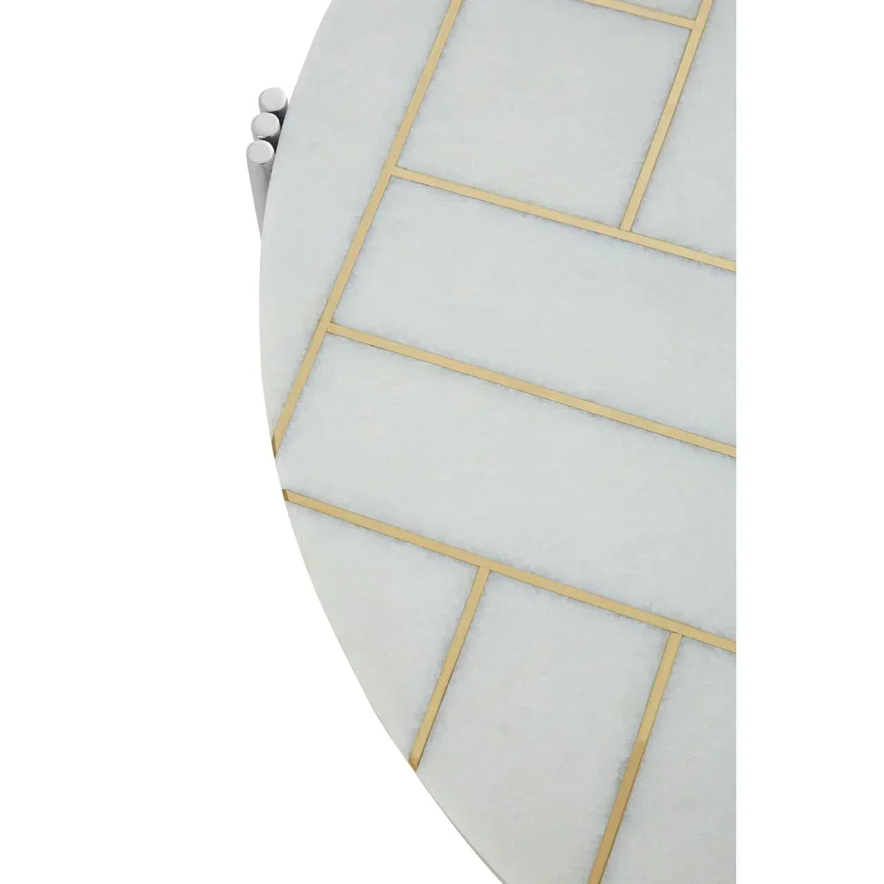 Round marble coffee table top with gold inlay detail, partial overhead view