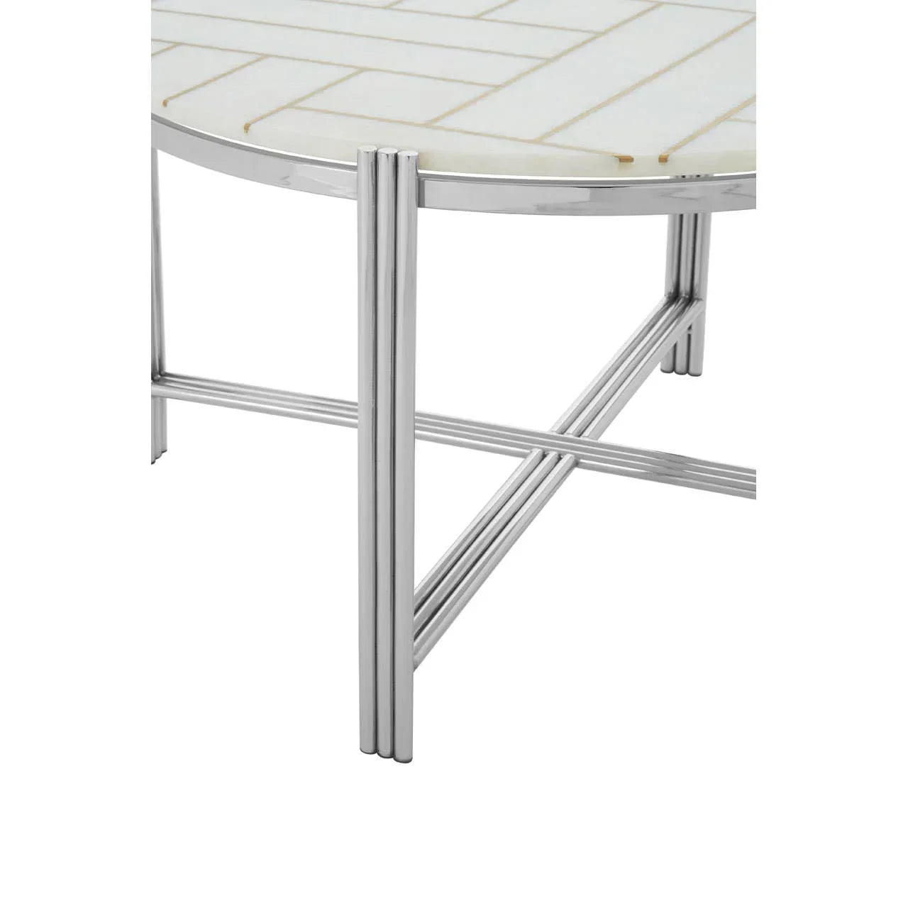Round marble coffee table with chrome metal legs and herringbone pattern top, close-up