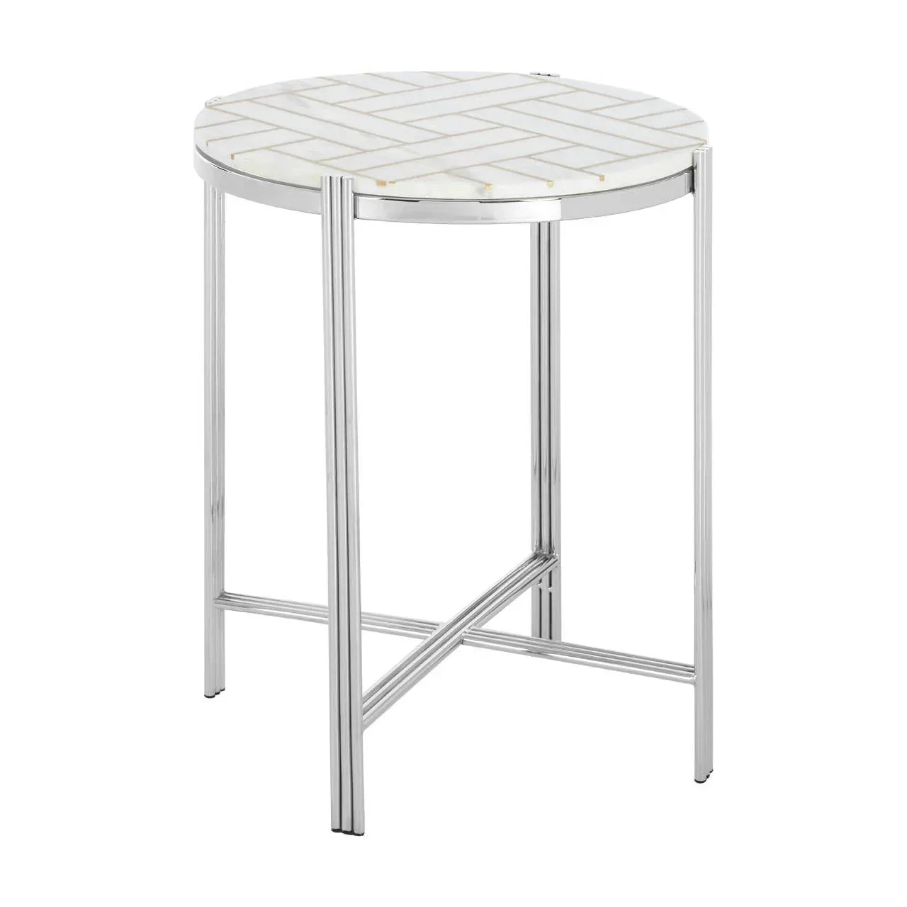 Round side table with white marble patterned top and chrome metal legs