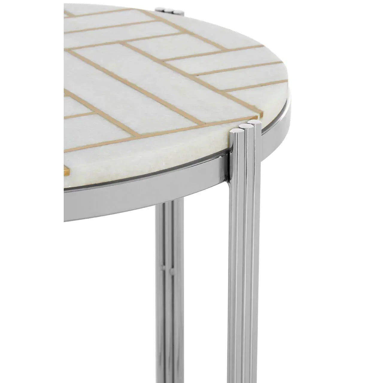 Round side table with white marble top, geometric inlay, and chrome metal legs close-up