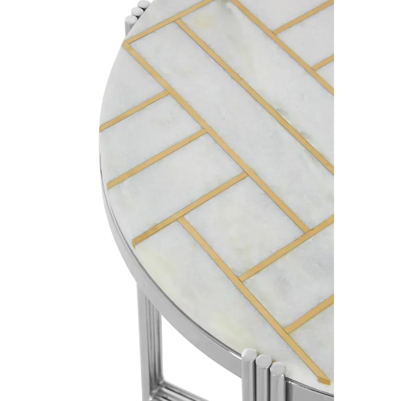 Round marble side table top with gold inlay and silver metal legs, close detail view