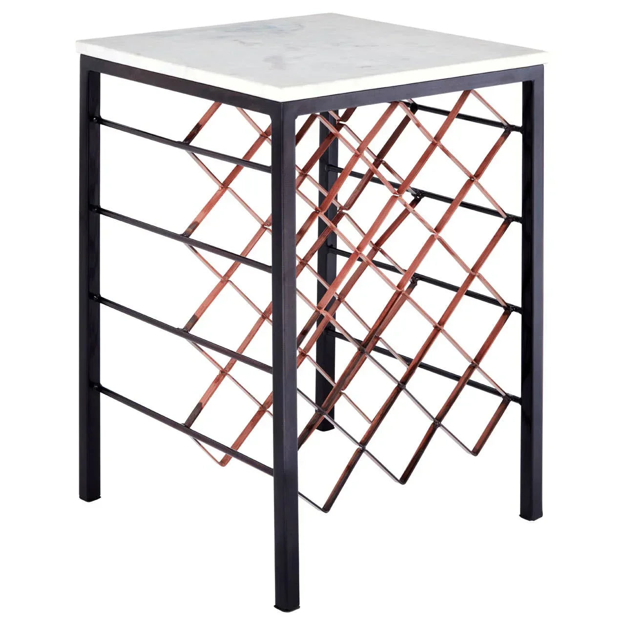 Marble top wine rack table with black frame and copper bottle holders