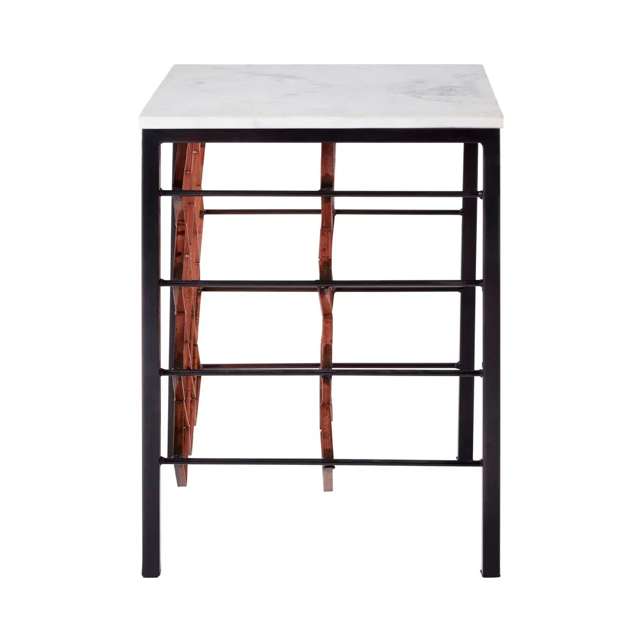 Marble top console table with black metal frame and wood accent, front view