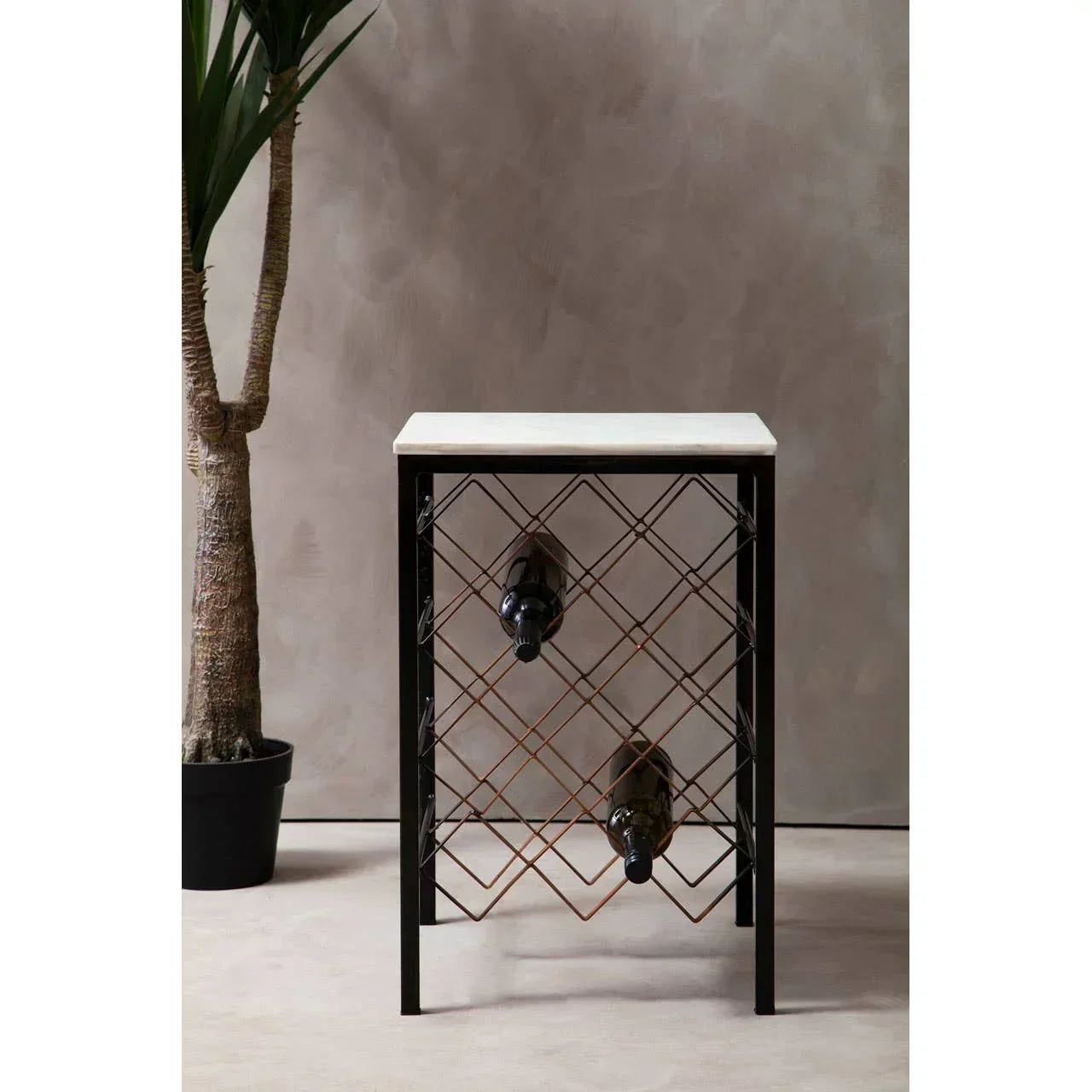 Metal wine rack with marble top and two wine bottles, styled against neutral wall
