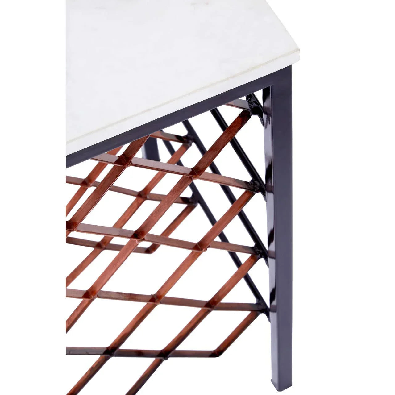 Corner marble coffee table with black metal frame and wooden lattice side detail