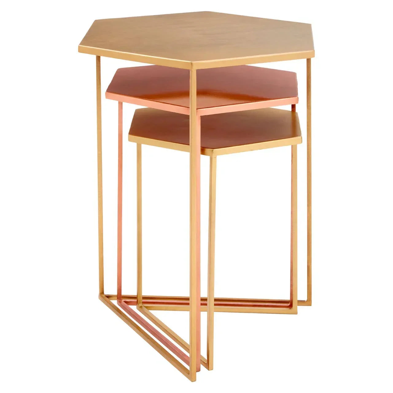 Hexagonal nesting tables with gold metal frames and wood tops, stacked for storage
