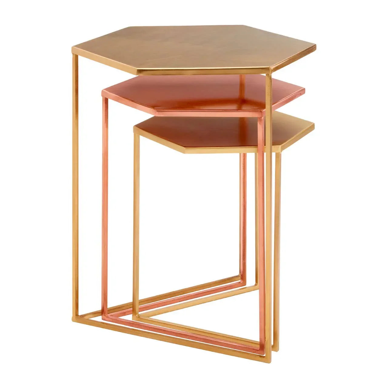 Hexagonal nesting tables with gold and copper metal frame, set of three, side view