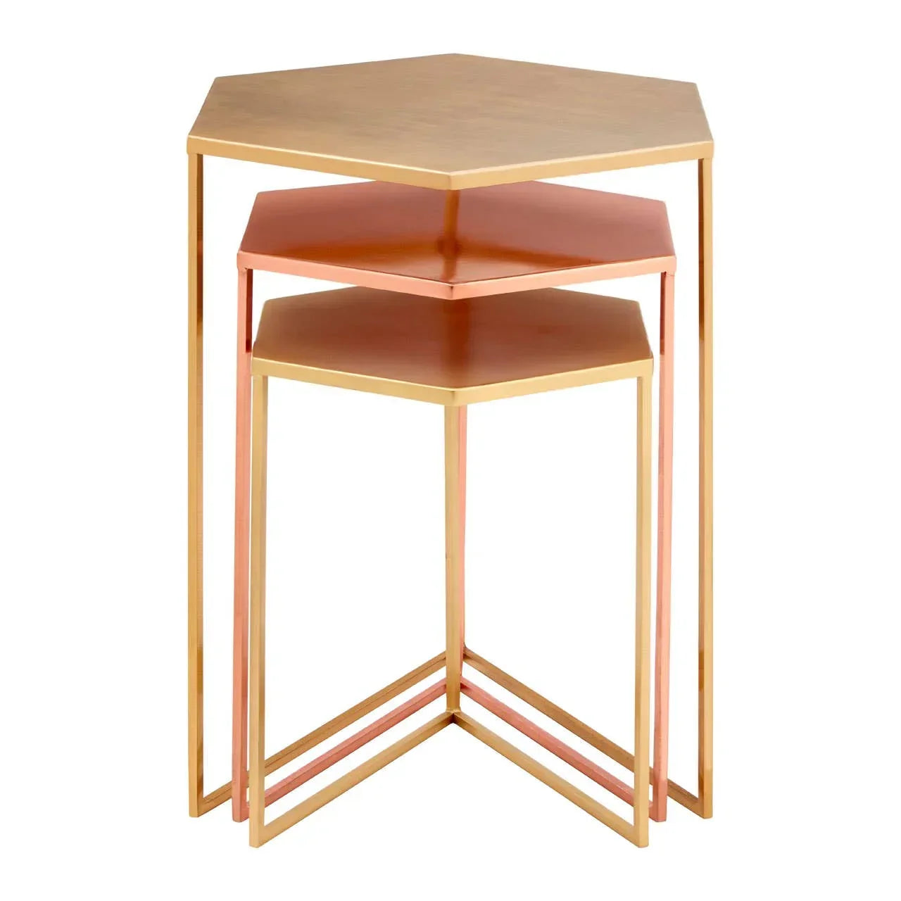 Set of three hexagonal nesting tables with gold metal frames and copper tops