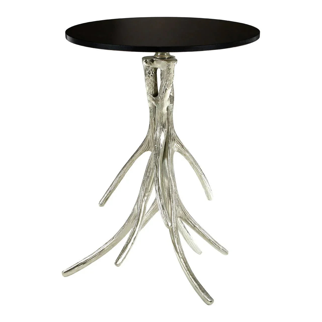 Round side table with black top and silver metal branch-style base