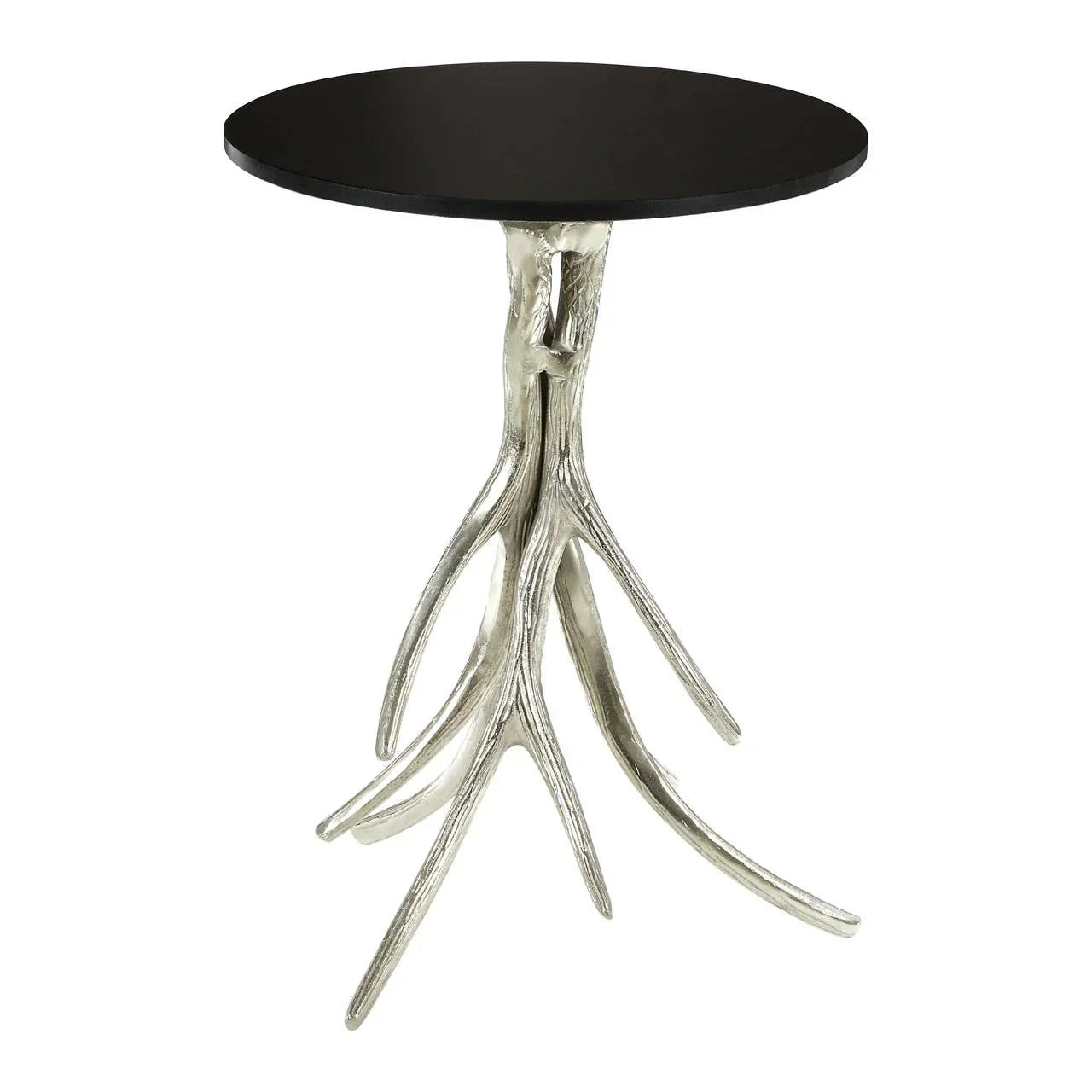 Round black side table with silver antler-inspired metal base on white background