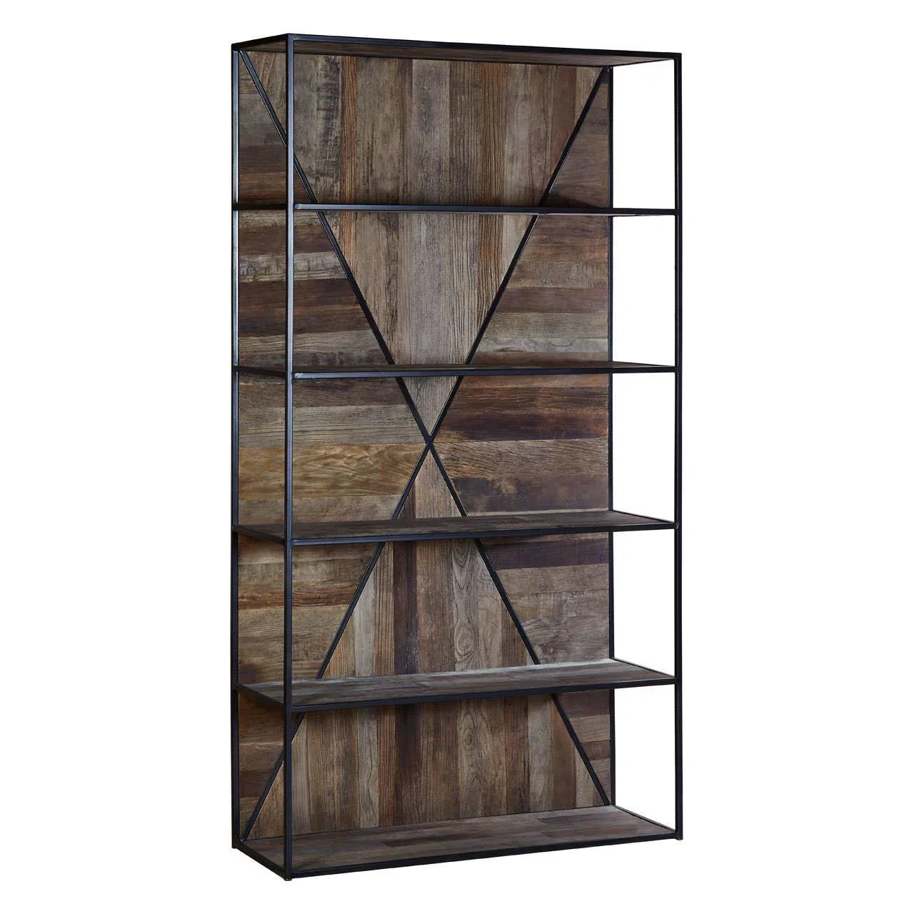 Industrial wood and metal bookcase with geometric back panel and open shelving