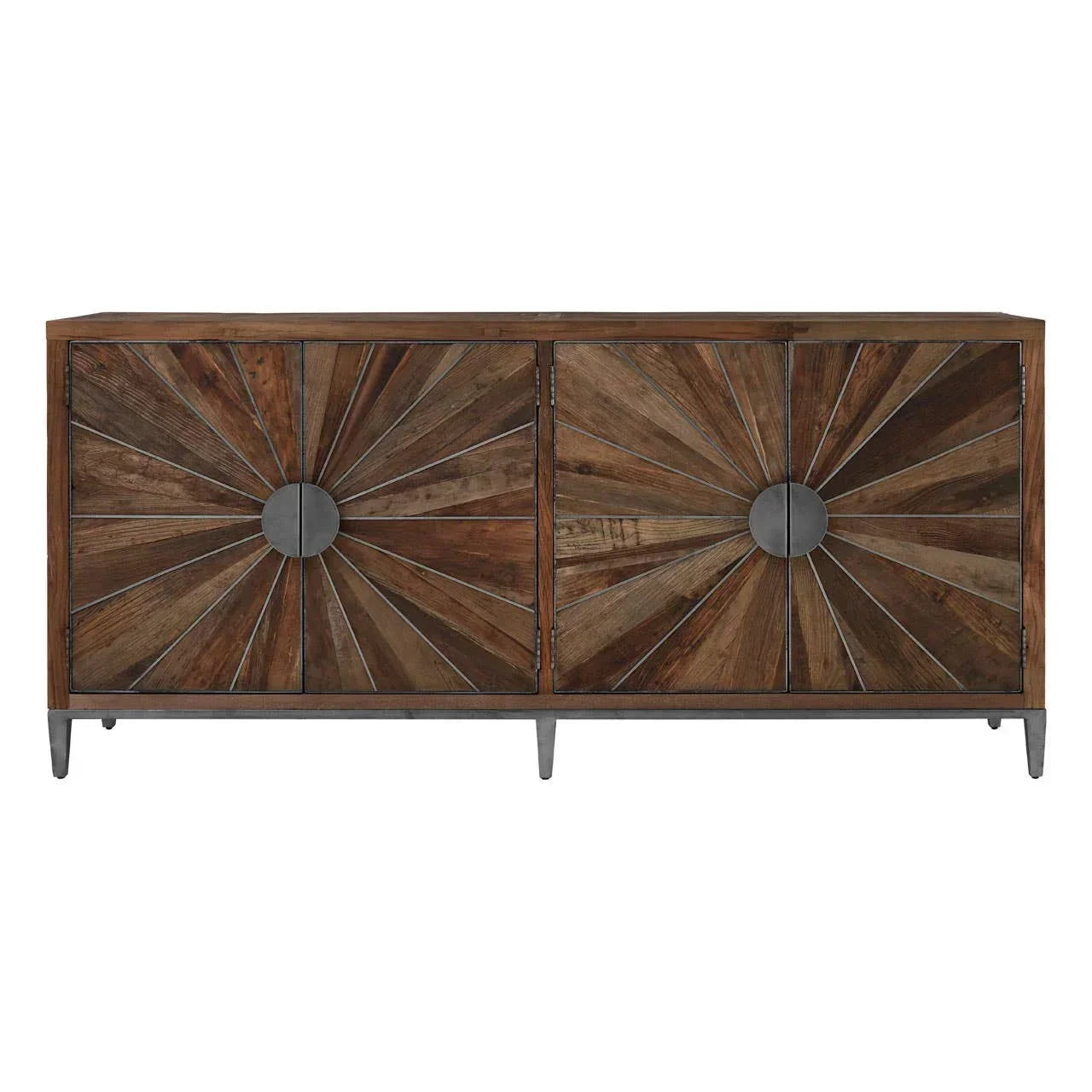 Rustic wooden sideboard with sunburst pattern and metal accents, four doors, front view