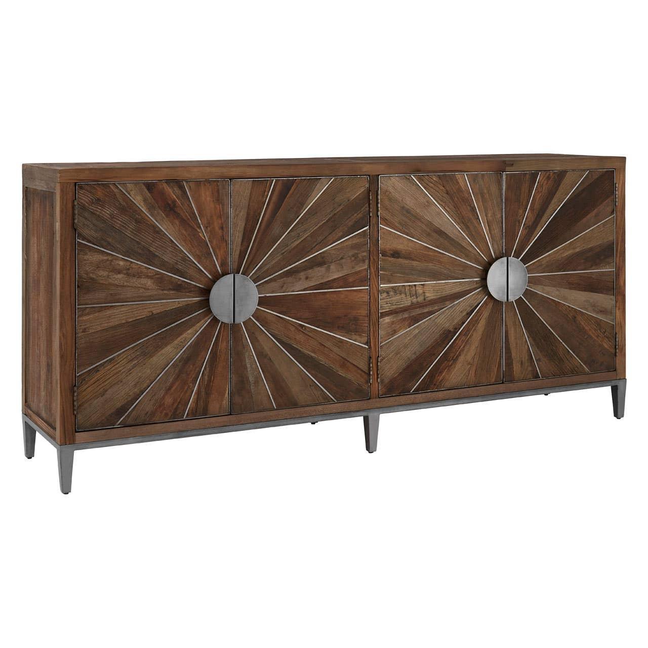 Wooden sideboard with sunburst doors and metal handles on angled metal legs