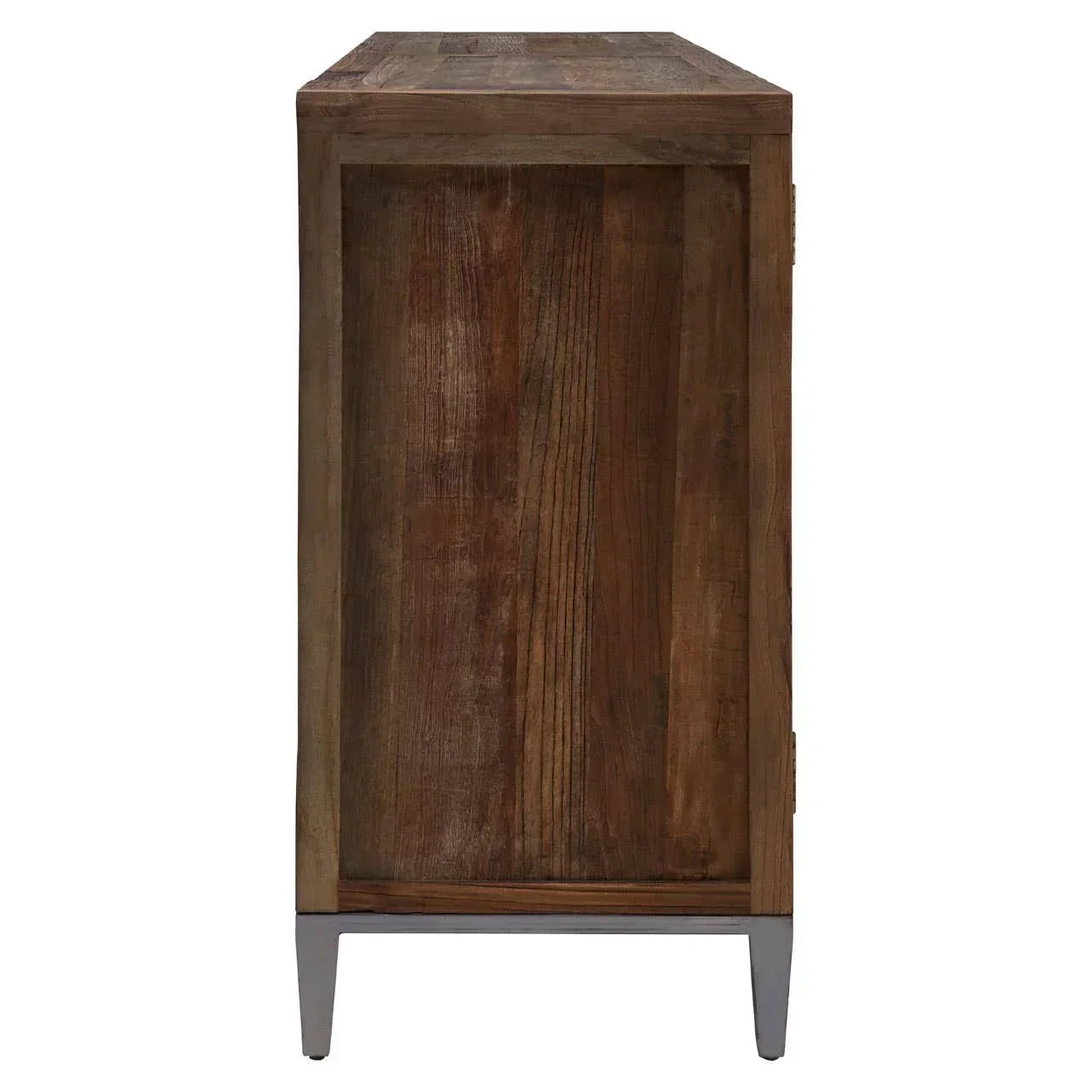 Side view of wooden sideboard with metal legs and natural finish