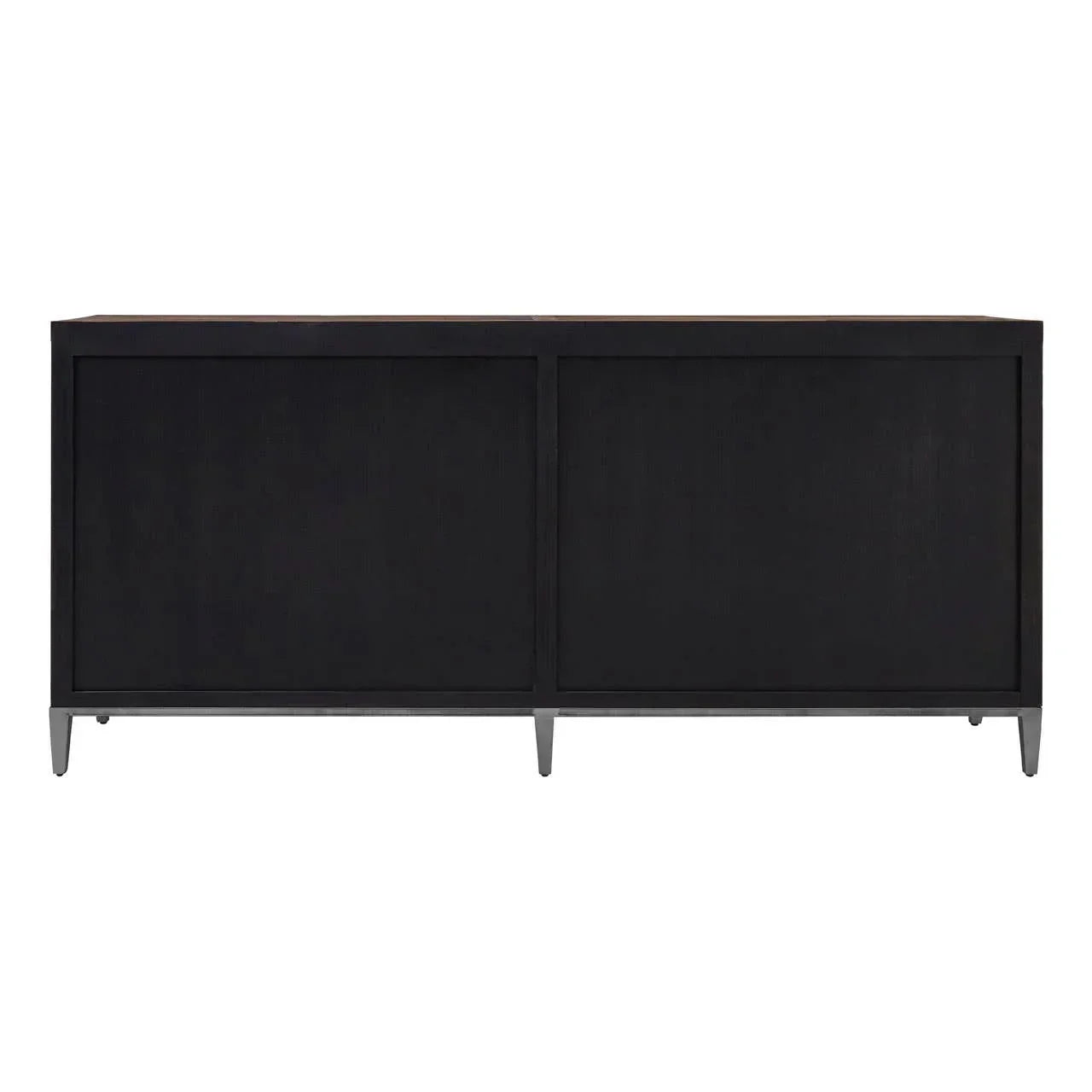 Black sideboard cabinet with slim legs and paneled back view