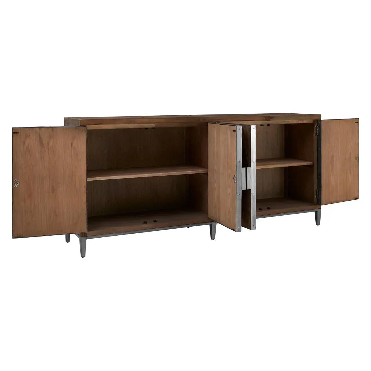 Wooden sideboard with open cabinet doors and internal shelves, metal legs visible