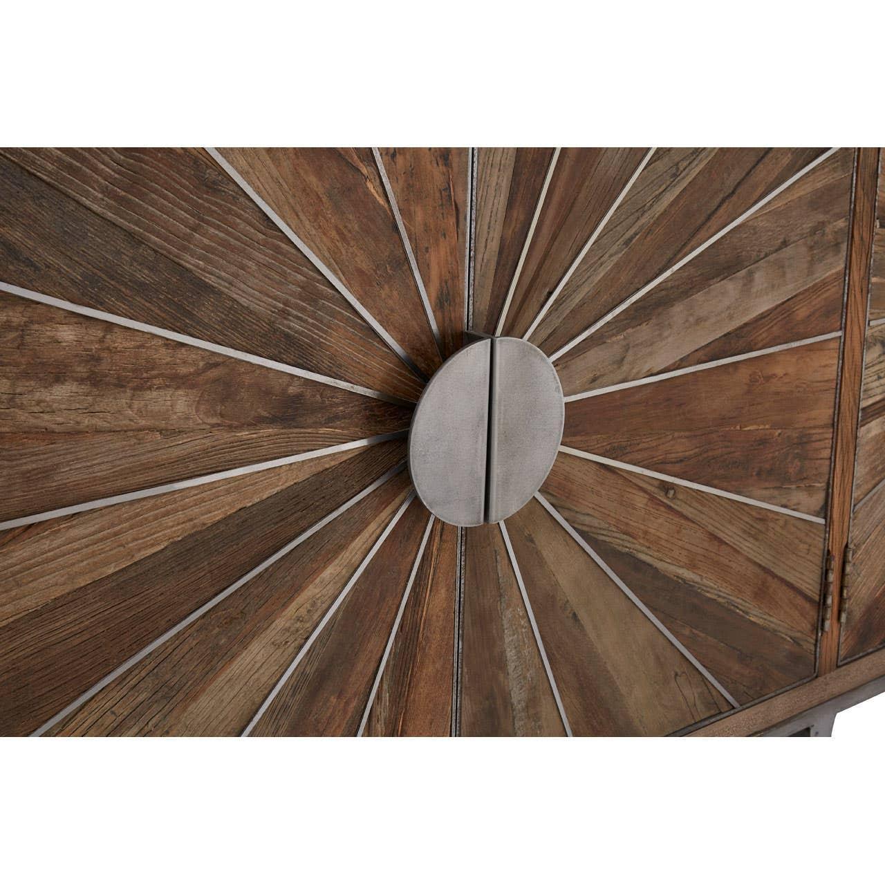 Wood cabinet door with sunburst pattern and metal oval handle
