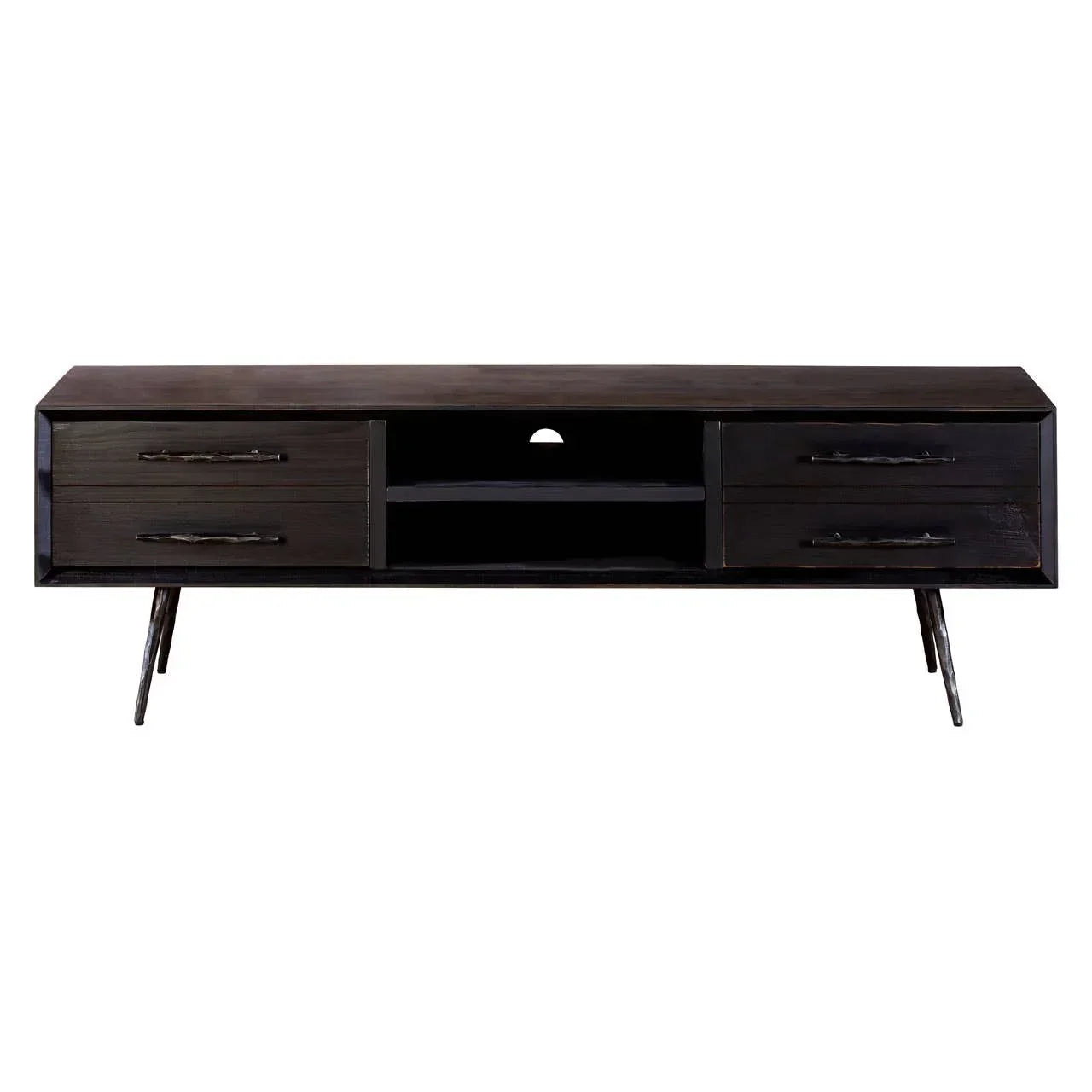 Dark wood TV unit with four drawers, central open shelves, and angled legs on white background