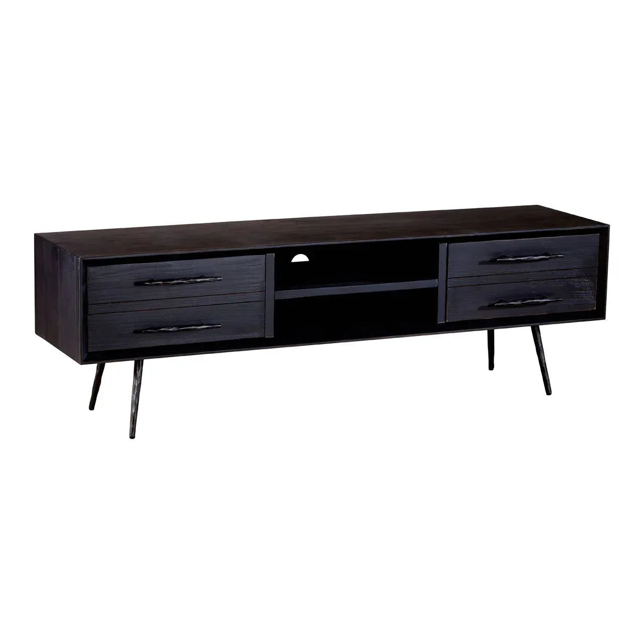 Black wooden TV unit with four drawers, open shelves and angled legs