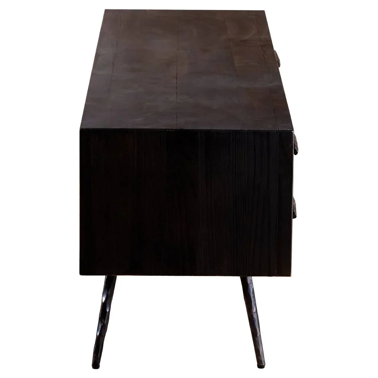 Side view of dark wood sideboard with tapered metal legs on white background