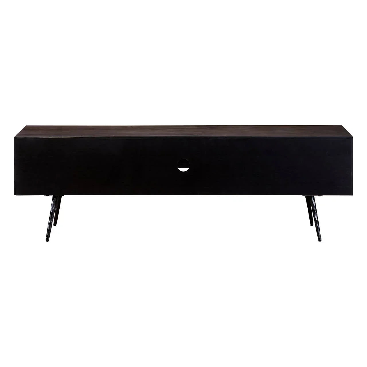 Black wooden TV unit with central cable hole and metal legs, front view
