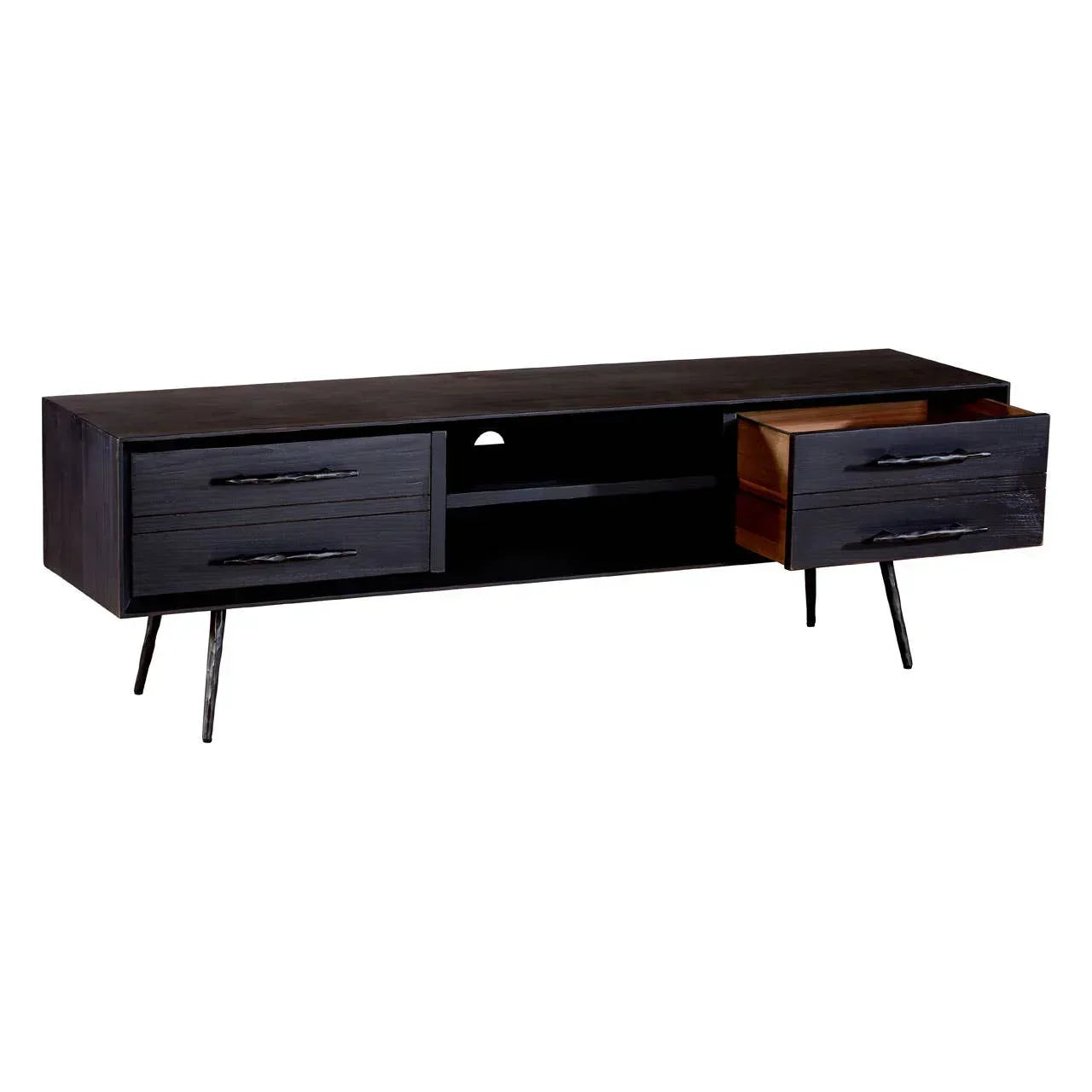 Black wooden TV unit with four drawers, open middle shelf, and angled metal legs