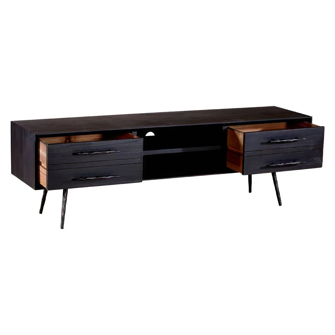 Black wood TV unit with four open drawers and central shelving on angled legs