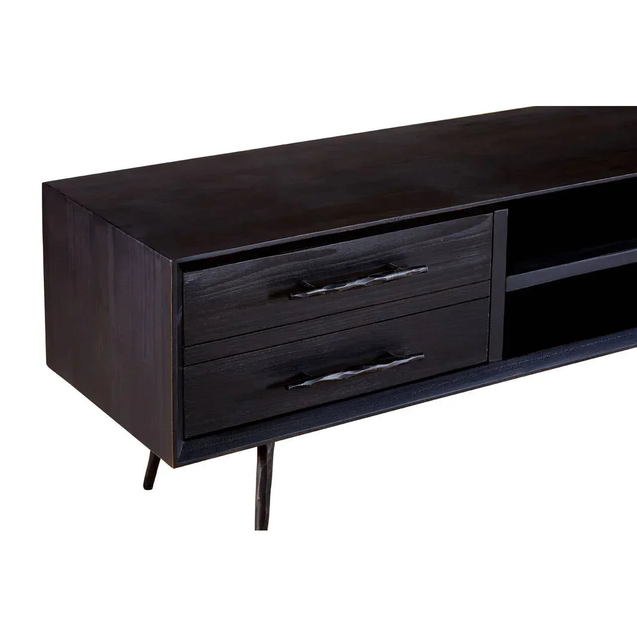 Dark wood TV unit with two metal-handled drawers and open shelves, angled front view