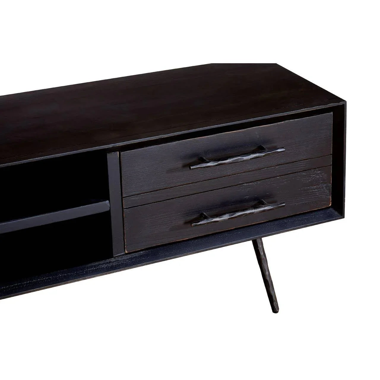 Black wooden TV unit with two drawers, open shelf and angled metal leg detail