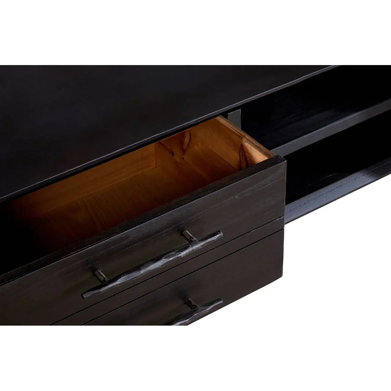 Dark wood sideboard drawer with metal handles and open shelf detail