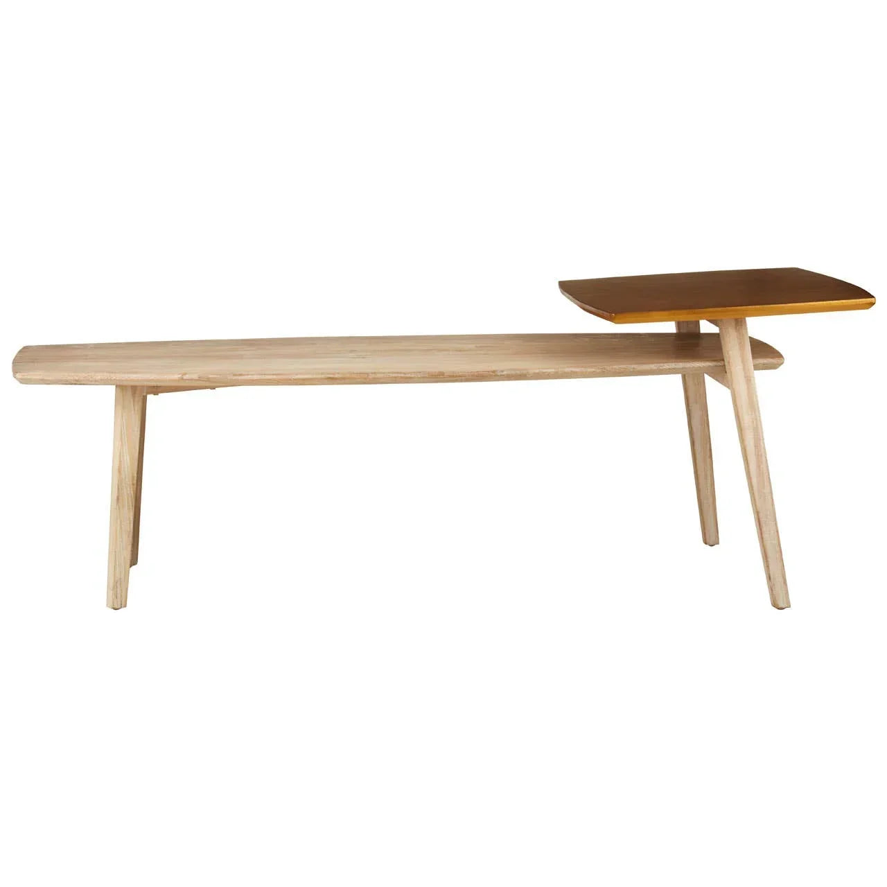 Scandinavian wood bench with angled legs and elevated side table accent