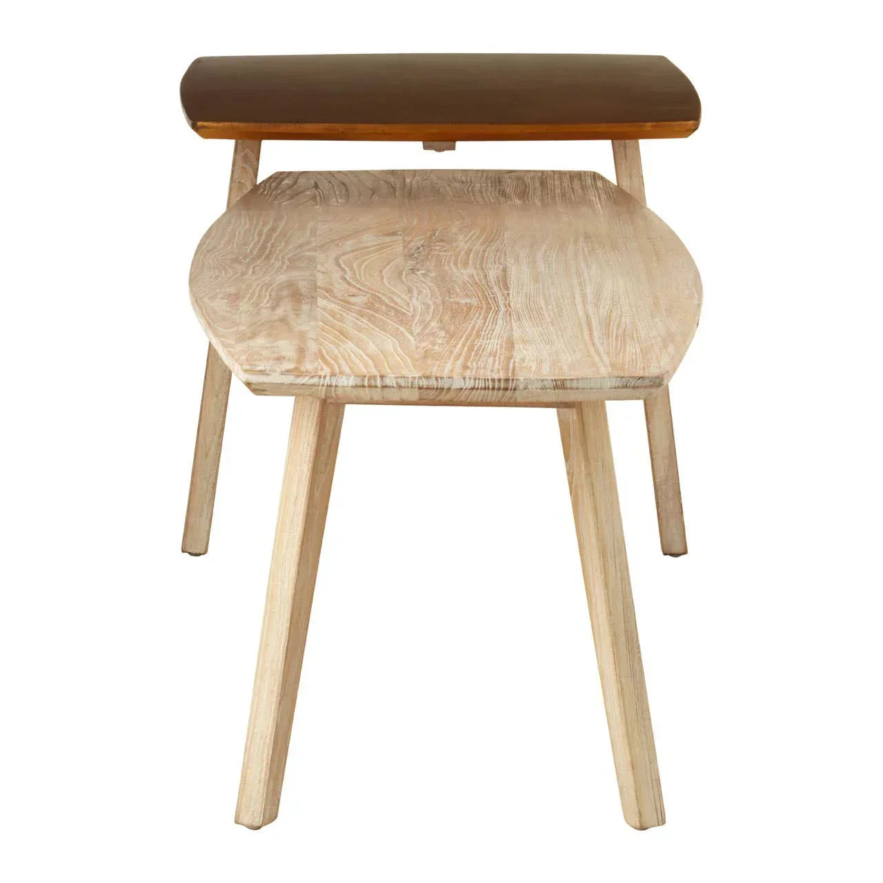 nesting side table set with natural wood and dark brown tops, angled leg design