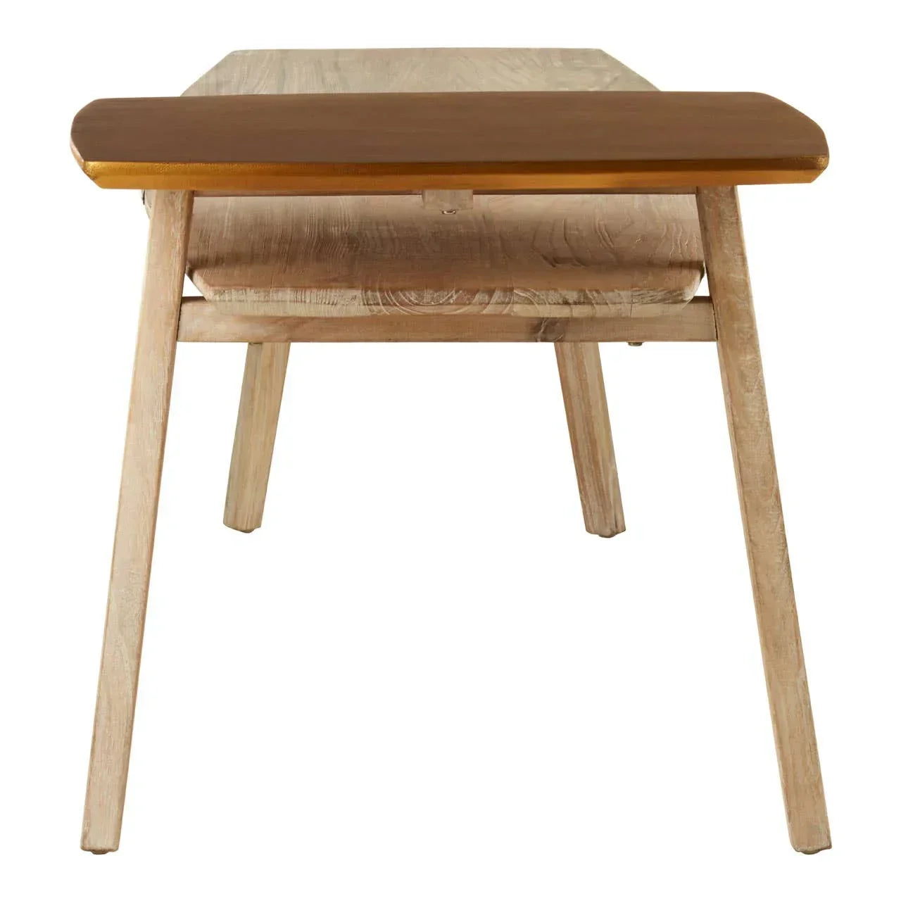 Rectangular wooden dining table with angled legs and brown tabletop, front view