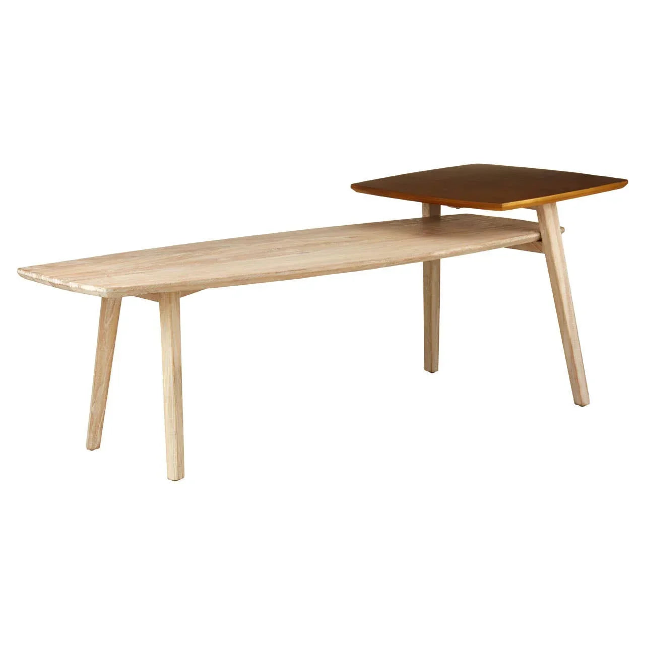 Two-tier wood coffee table with asymmetrical legs and light oak finish