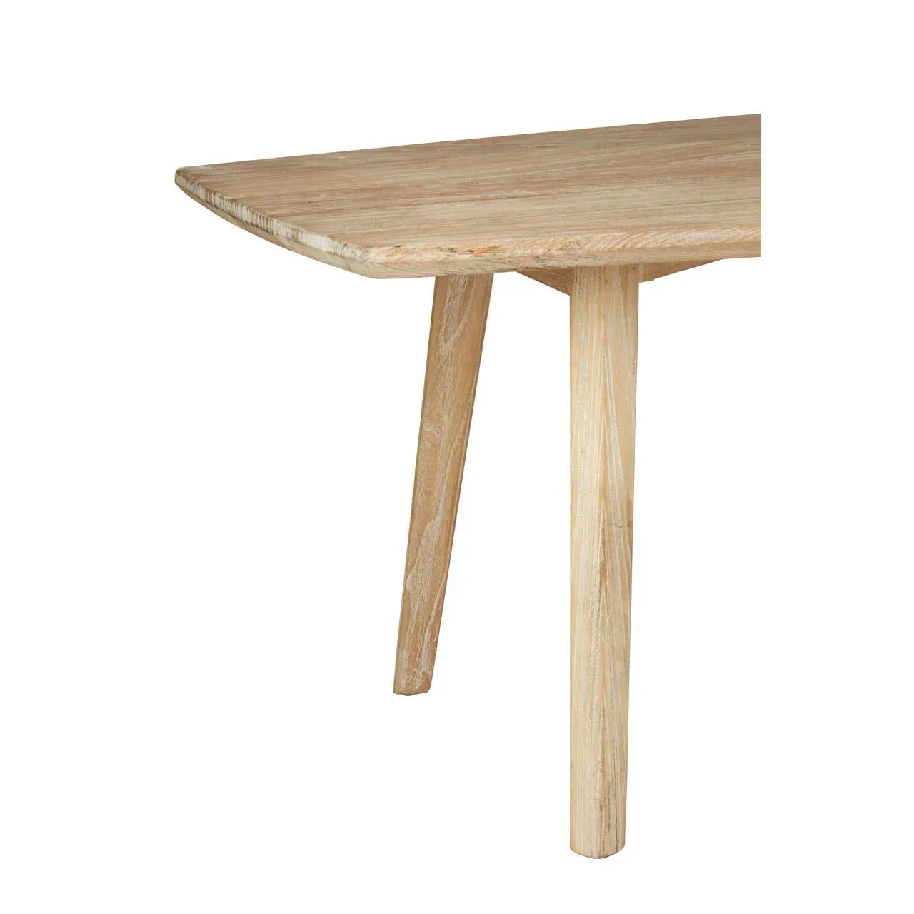 Light wood dining table corner with angled legs and natural finish