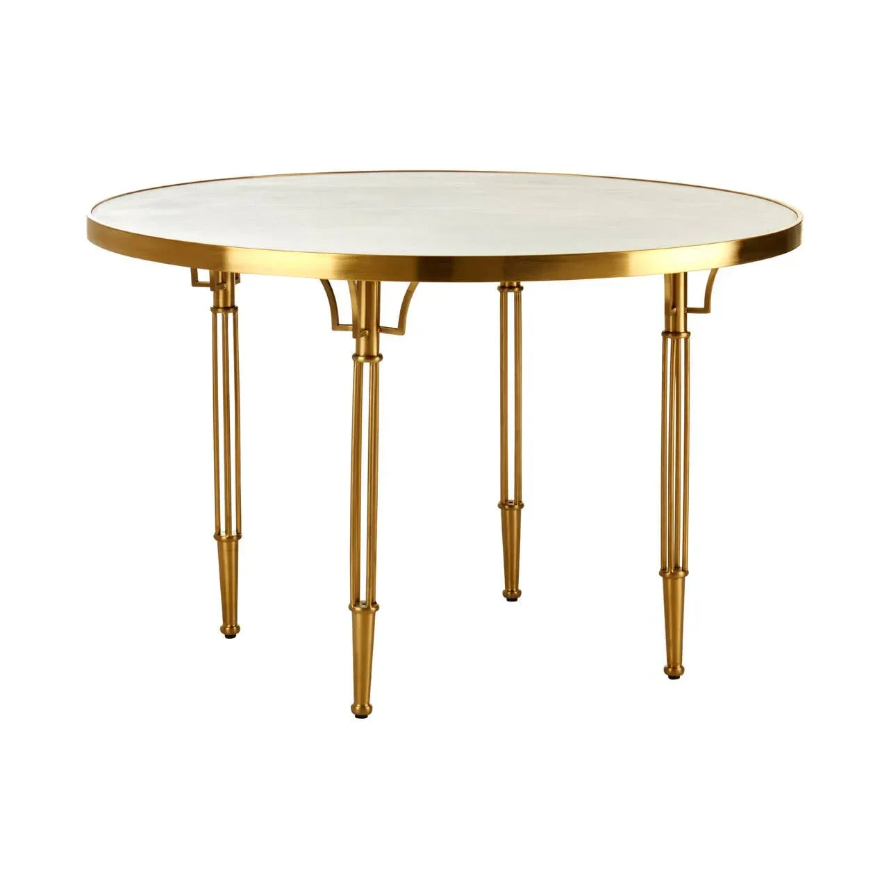 Round dining table with gold metal legs and white tabletop on white background