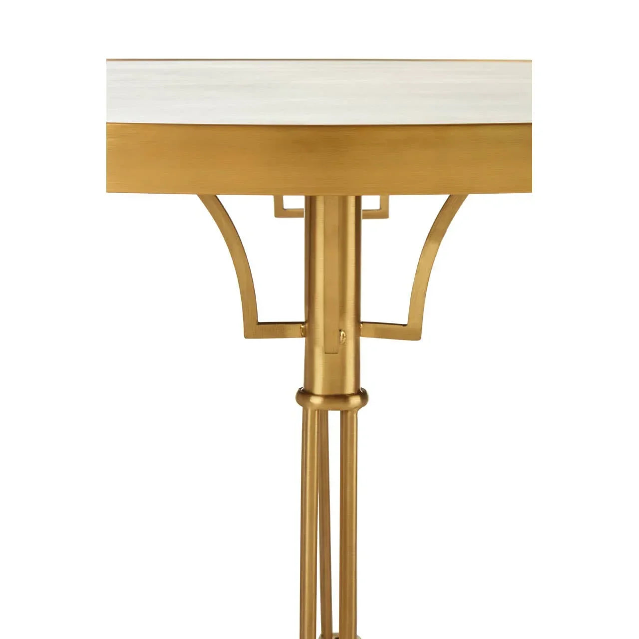 Close up of gold metal console table base with white tabletop