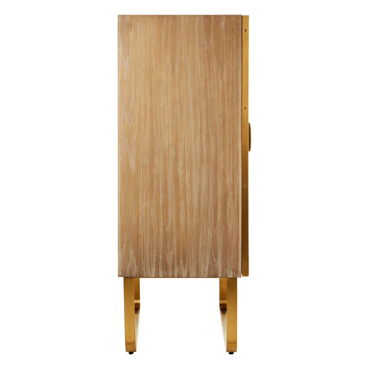 Tall cabinet made of oak wood with a light natural finish, featuring brushed gold legs and handles. The cabinet has a sleek, minimalist design with a smooth surface and no visible hardware on the front