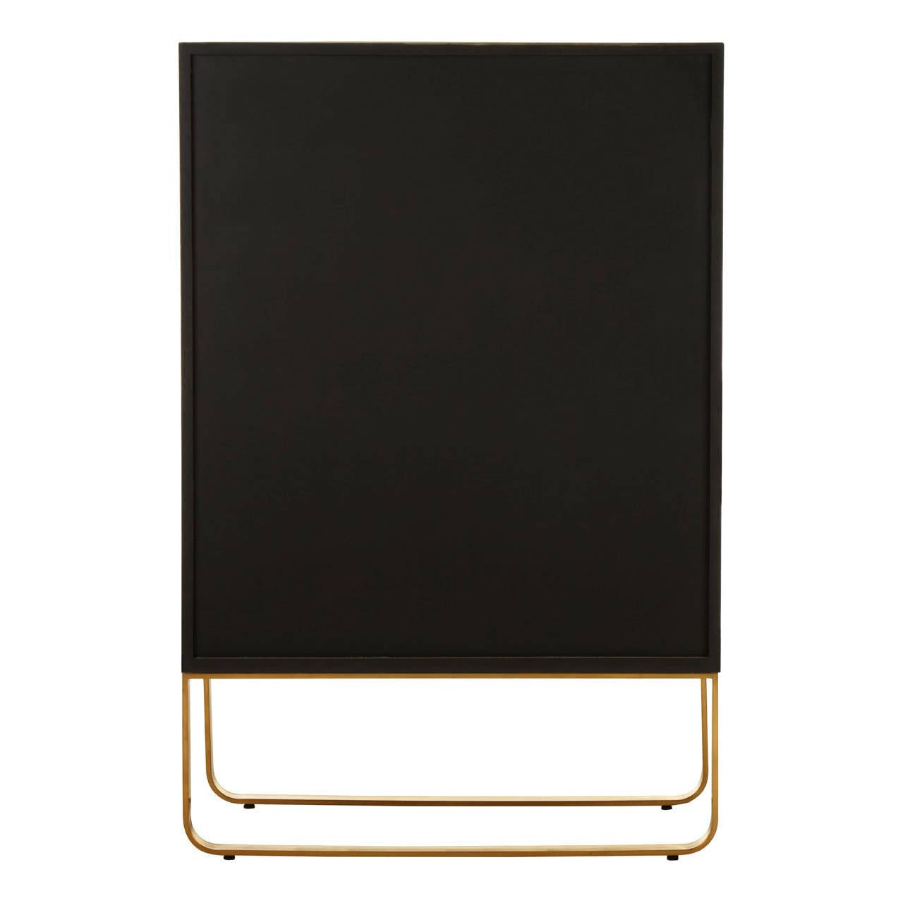 Tall cabinet featuring a sleek black wood finish with a minimalist design, supported by a brushed gold metal base. The cabinet has a smooth surface and a contemporary aesthetic, suitable for modern home decor