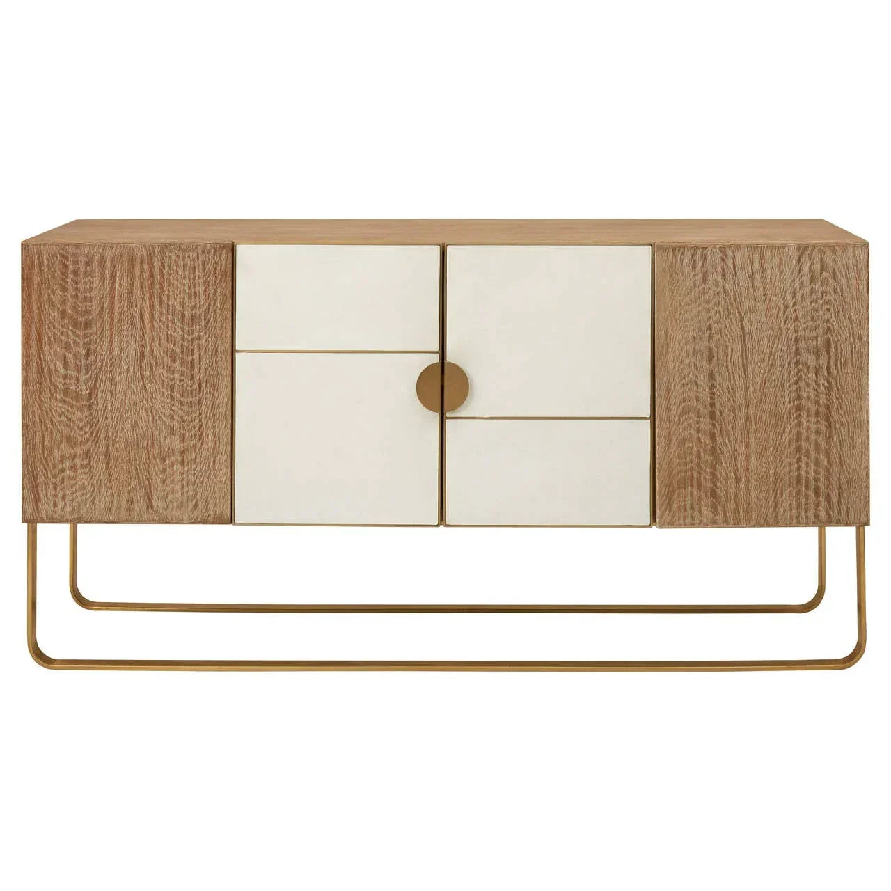 Modern sideboard with light wood finish, cream doors and gold metal frame, front view