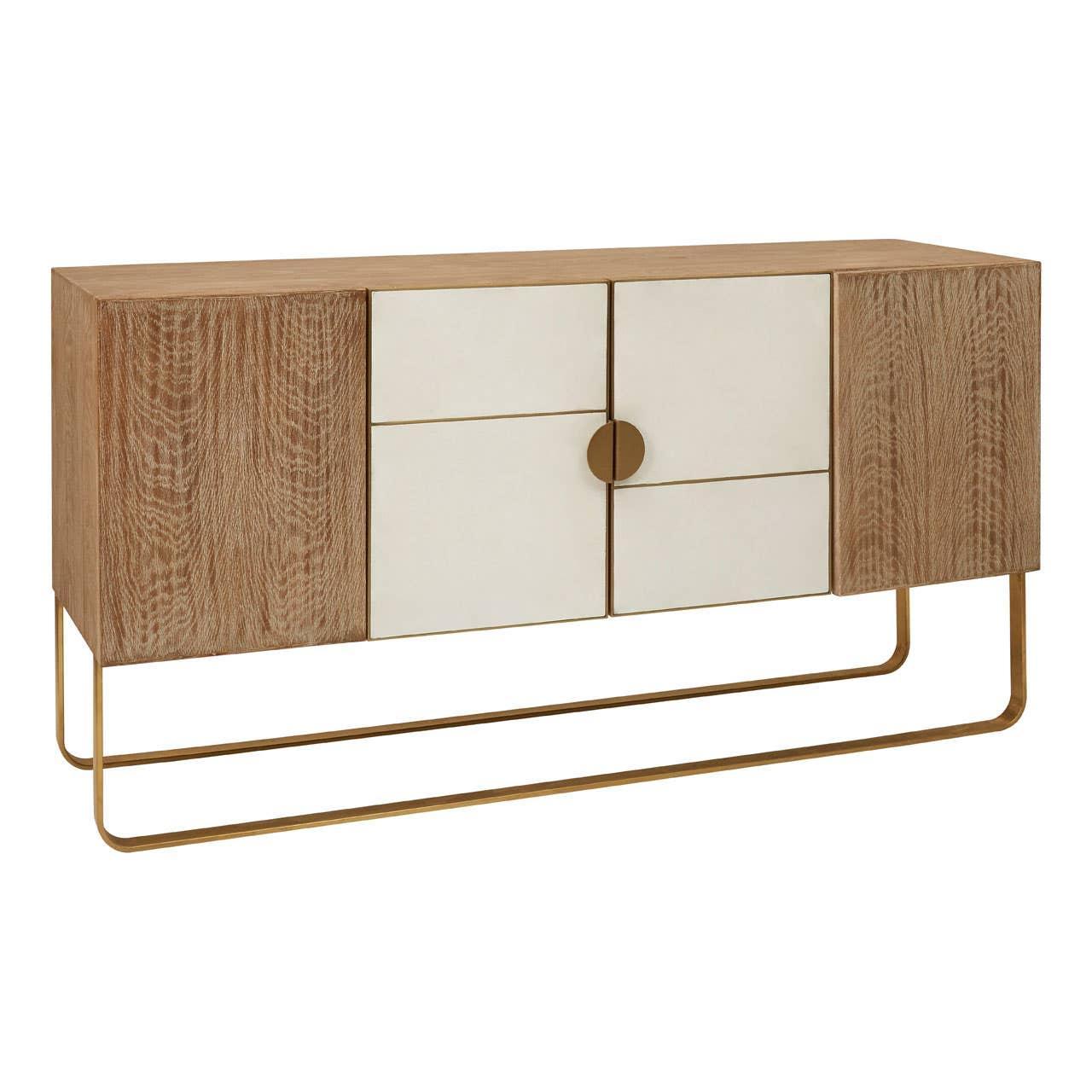 Wooden sideboard with white front panels and gold metal legs, modern storage cabinet