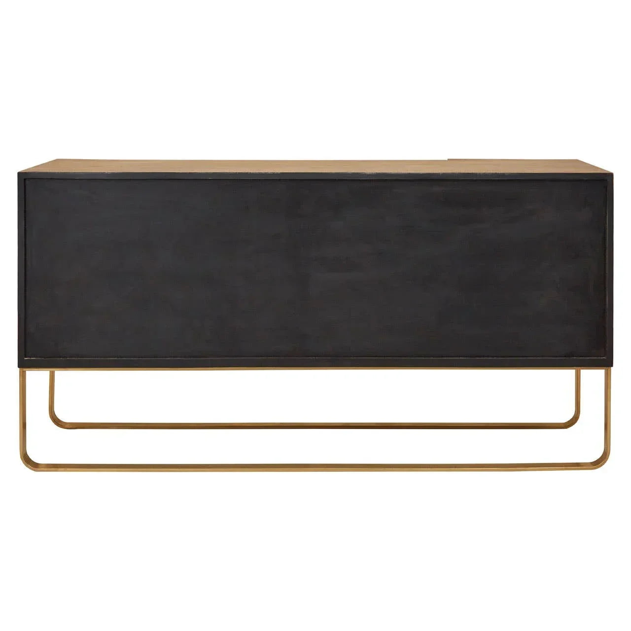 Black sideboard cabinet with brass metal base and rectangular design, rear view