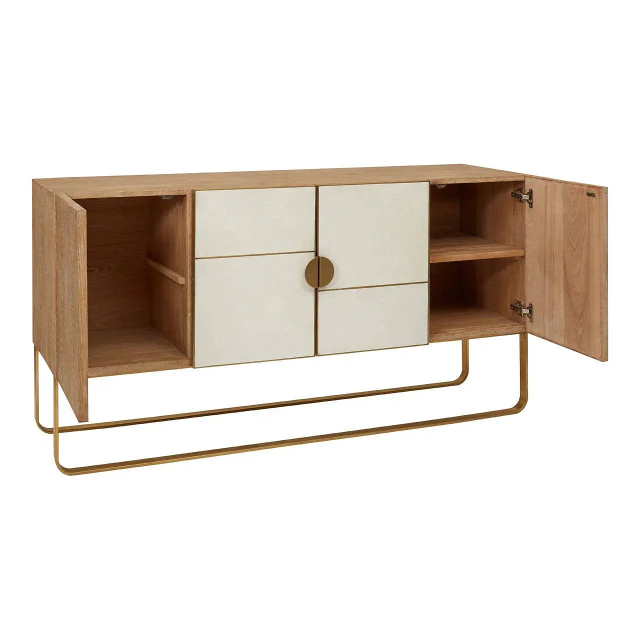 Oak sideboard with gold metal base, two open doors, interior shelving, and white panel fronts