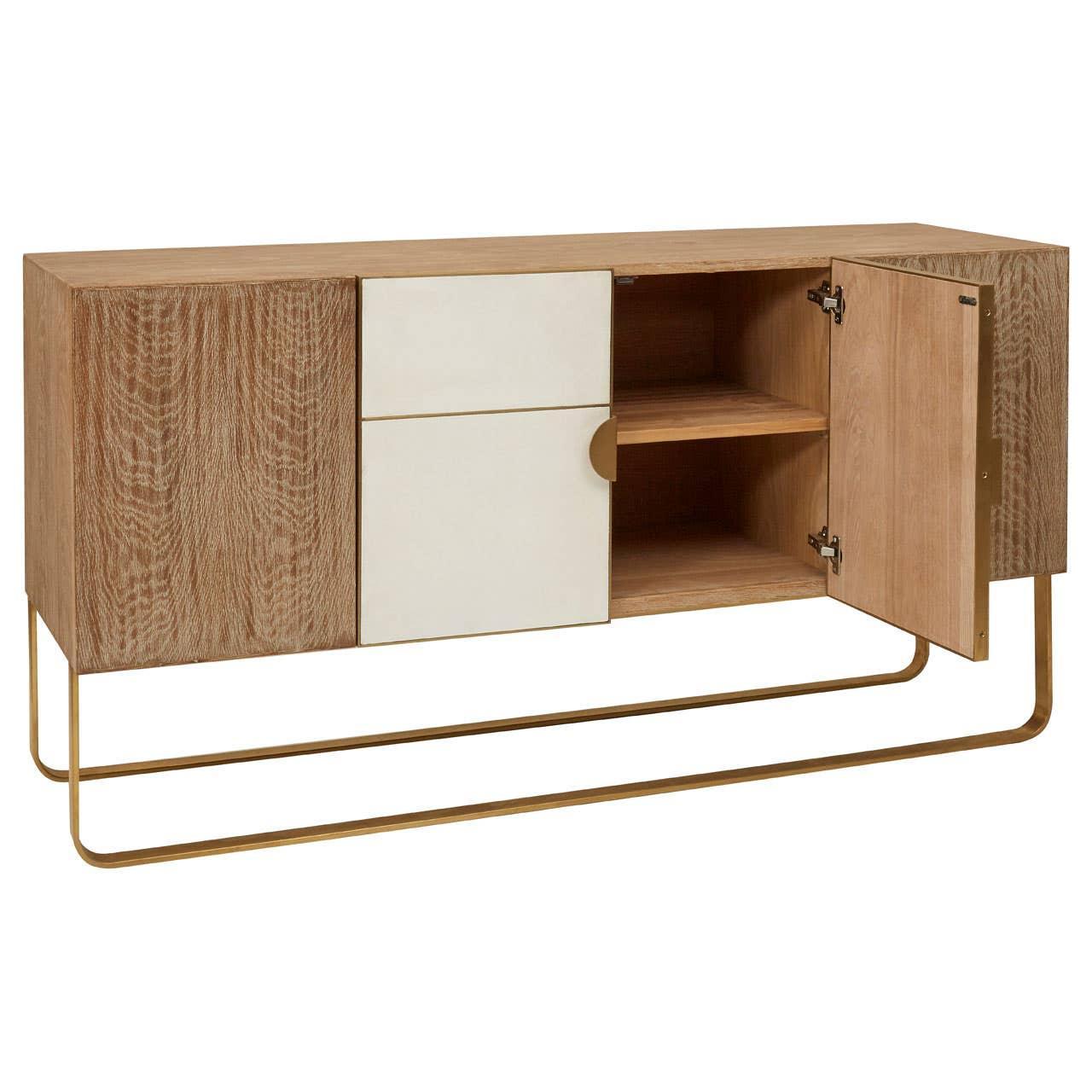 Wood sideboard with white panel doors, gold metal legs, right door open showing shelves