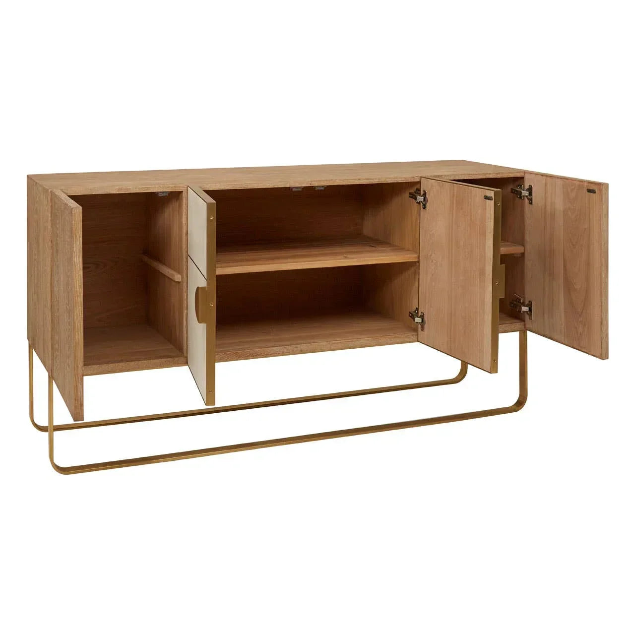 Oak sideboard cabinet with gold metal base, shelves and doors open for storage display