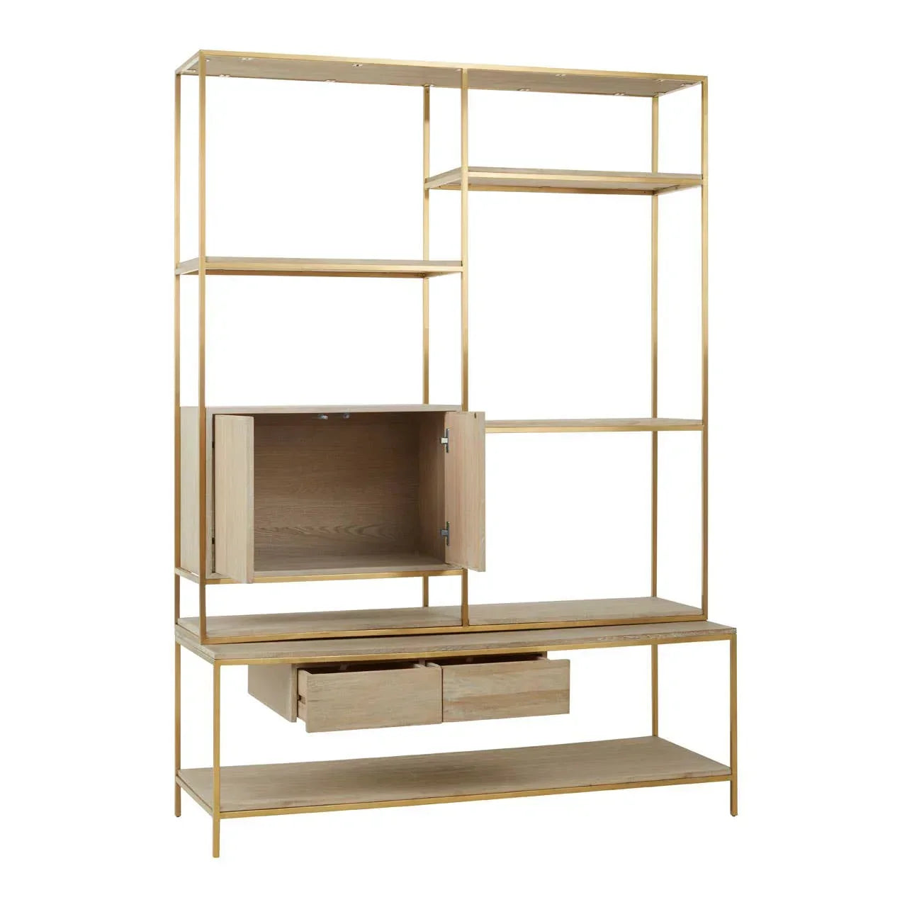 Gold metal and oak shelving unit with open shelves, cupboard and drawers, front view