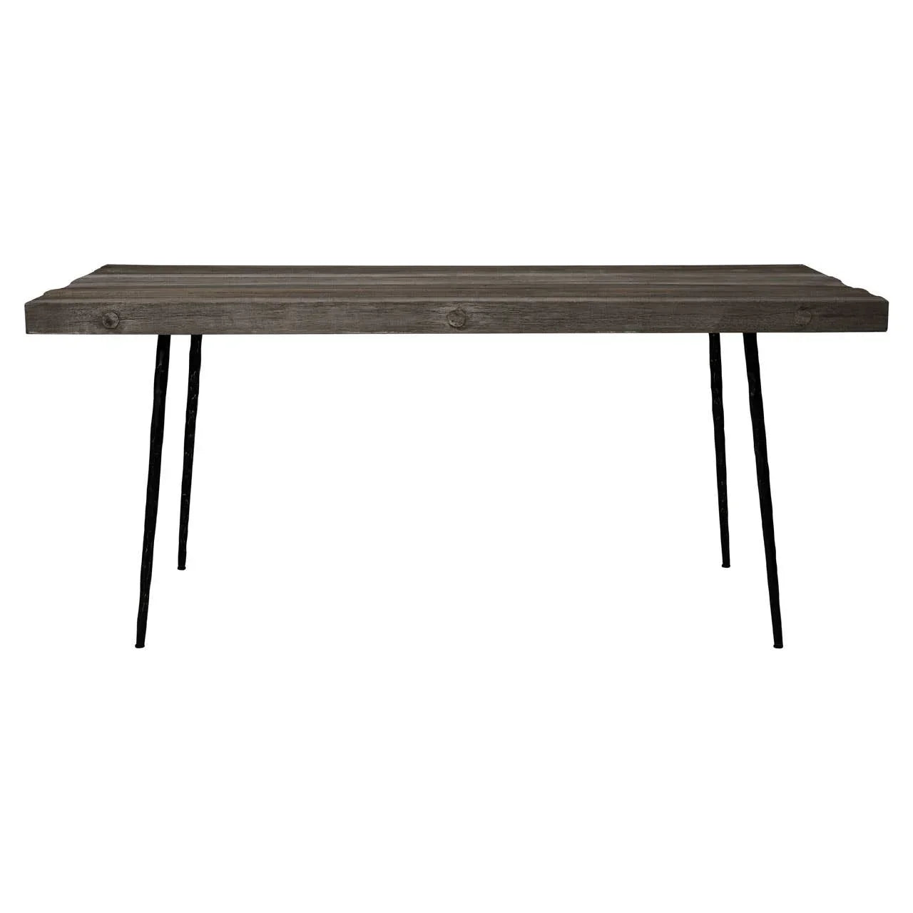 Rectangular dark wood dining table with slim black metal legs