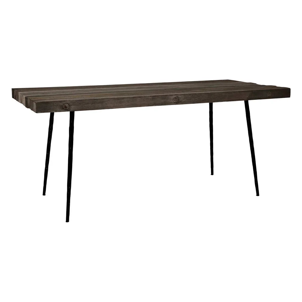 Rectangular wooden dining table with dark wood top and slim black metal legs