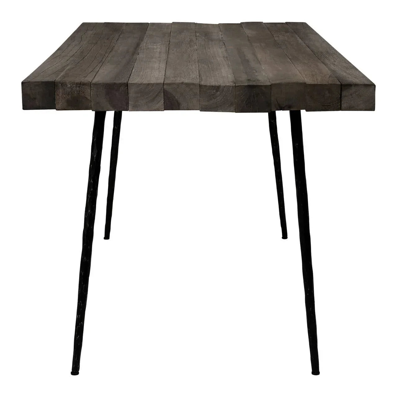 Rectangular wooden dining table with dark metal legs, front angle view