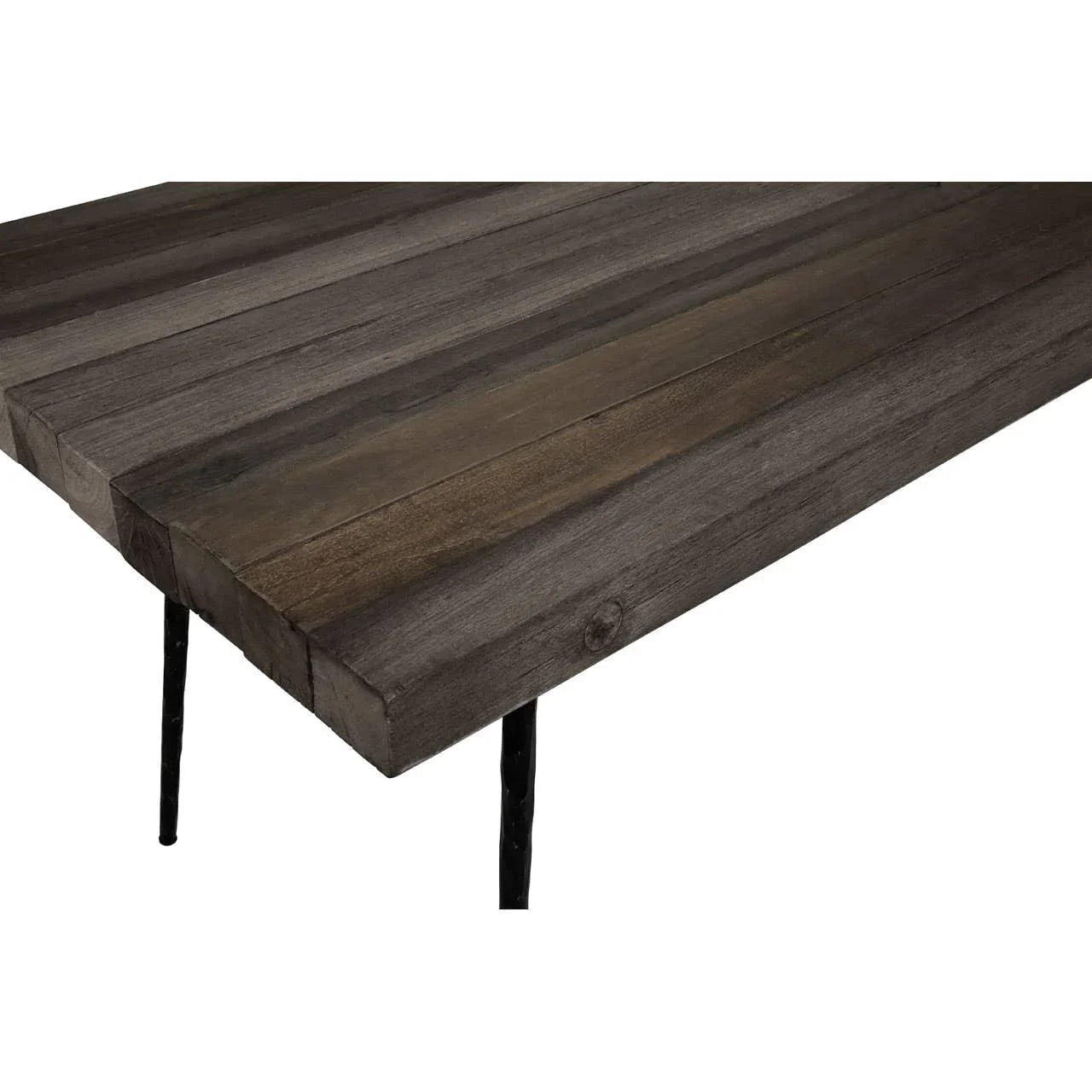 Dark wood dining table top with visible grain and black metal legs, angled side view